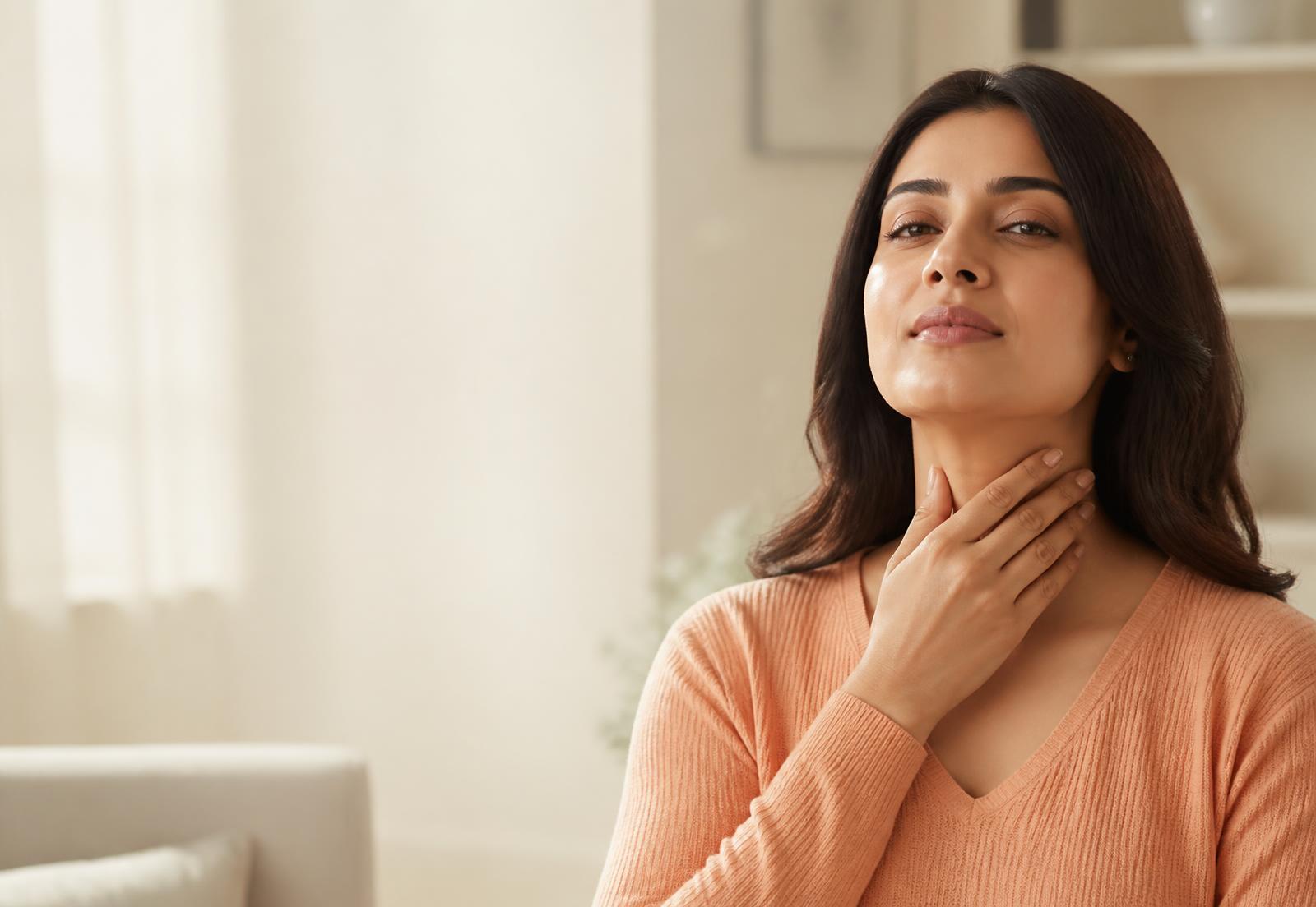 A woman resting her hand at her throat in a warm, sunlit living room