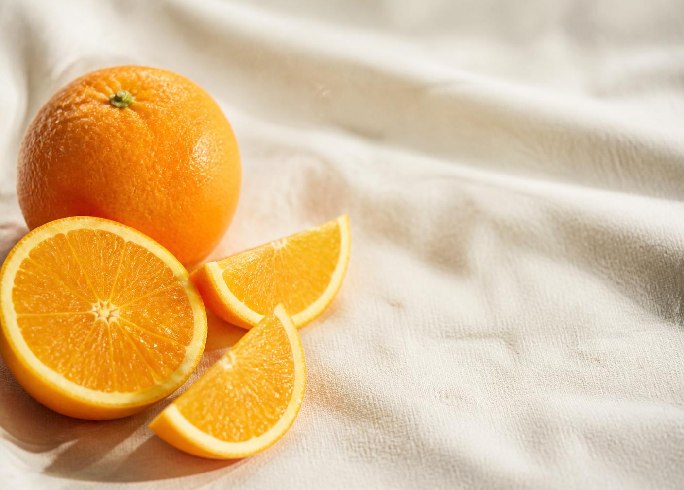 Orange ingredients styled in a warm natural setting